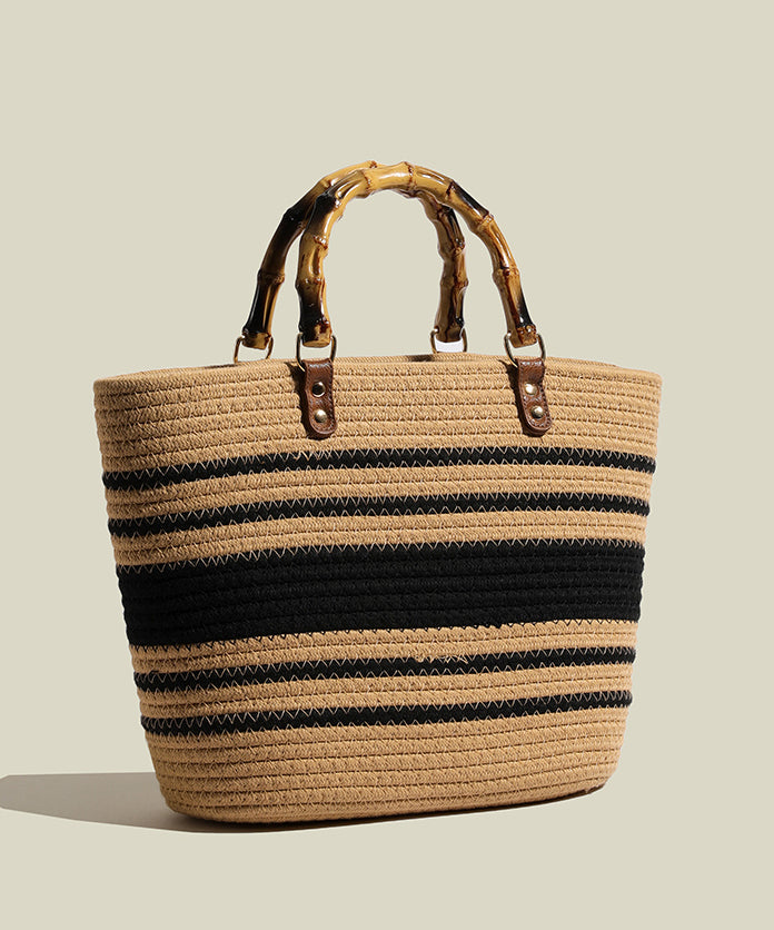Sac fourre-tout en paille tissée à rayures kaki Art, grande capacité - Amawinc