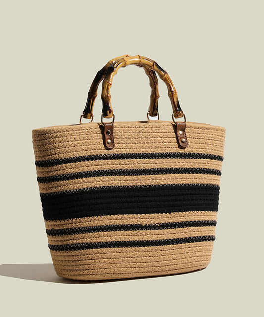Sac fourre-tout en paille tissée à rayures kaki Art, grande capacité - Amawinc