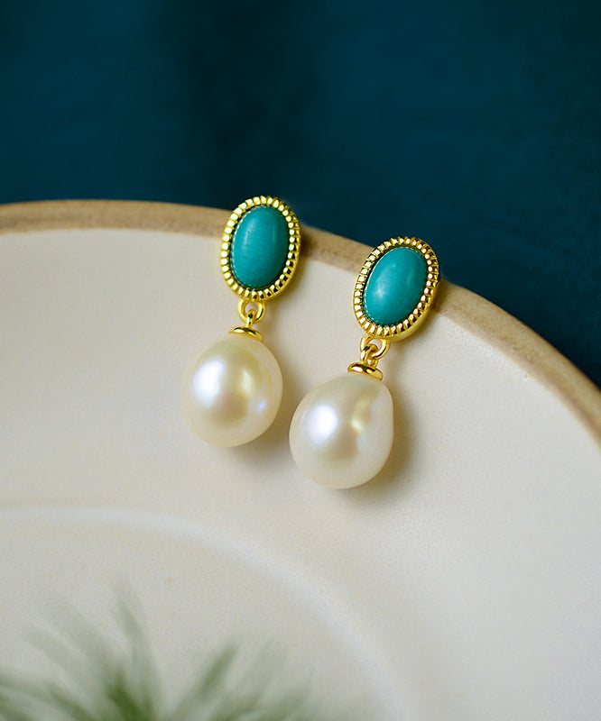 Boucles d'oreilles pendantes en argent sterling et perles turquoise surdorées Art White - Amawinc