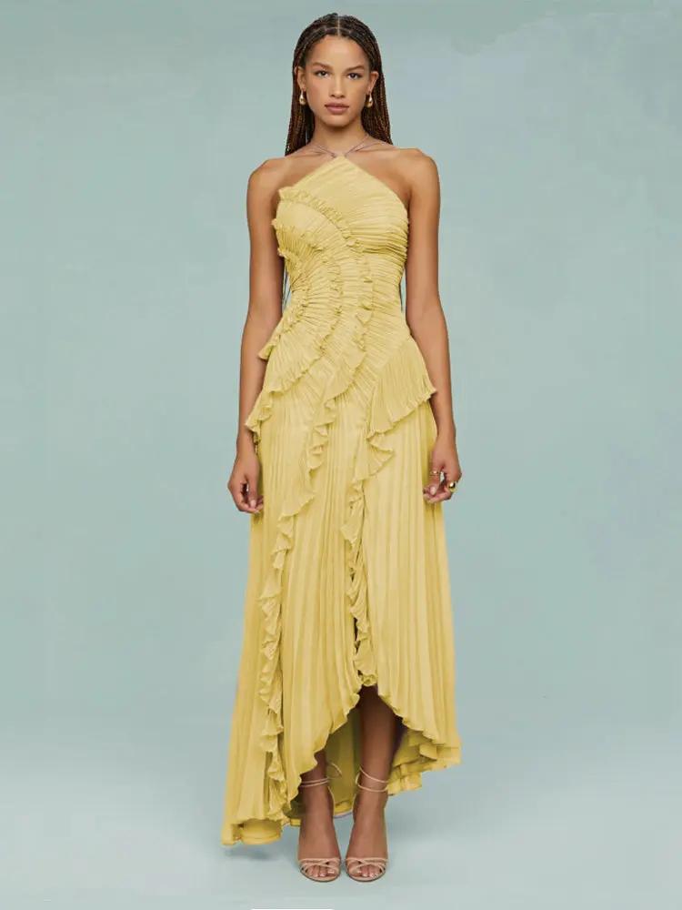 Robe Maxi Plissée Asymétrique Pour Femme Amawinc Élégante Et Fluide Encolure À Une Épaule
