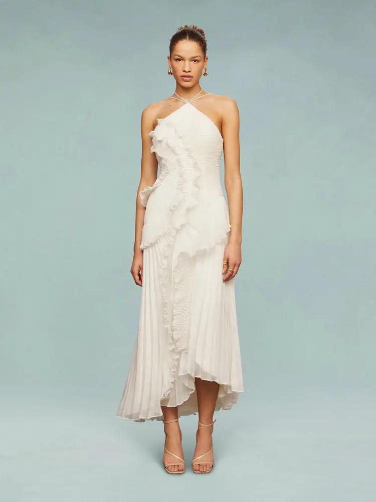 Robe Maxi Plissée Asymétrique Pour Femme Amawinc Élégante Et Fluide Encolure À Une Épaule