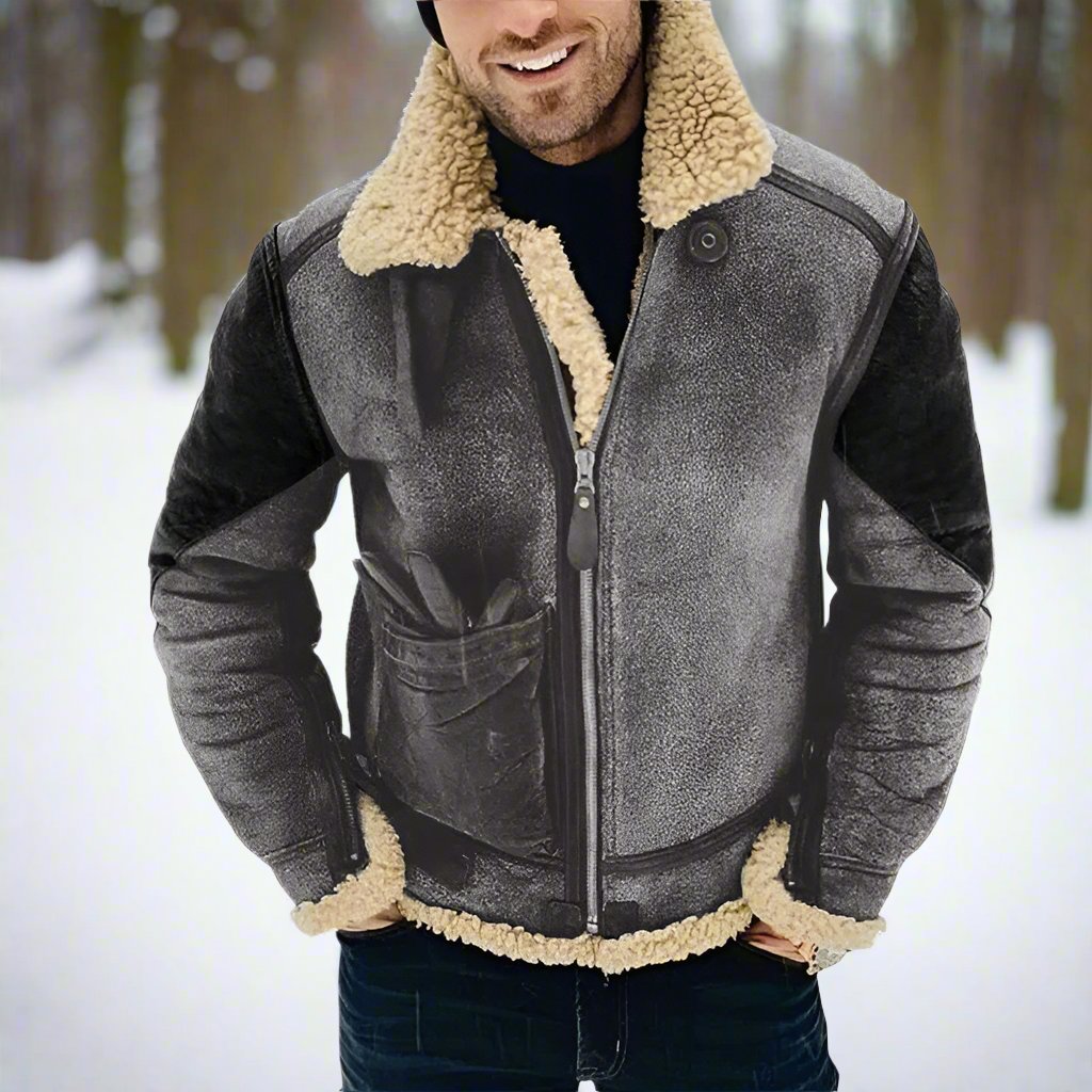 Veste Aviateur Homme Avec Bordure En Peau De Mouton Retournée Zip Frontale Coupe Classique Coudes Renforcés Durable