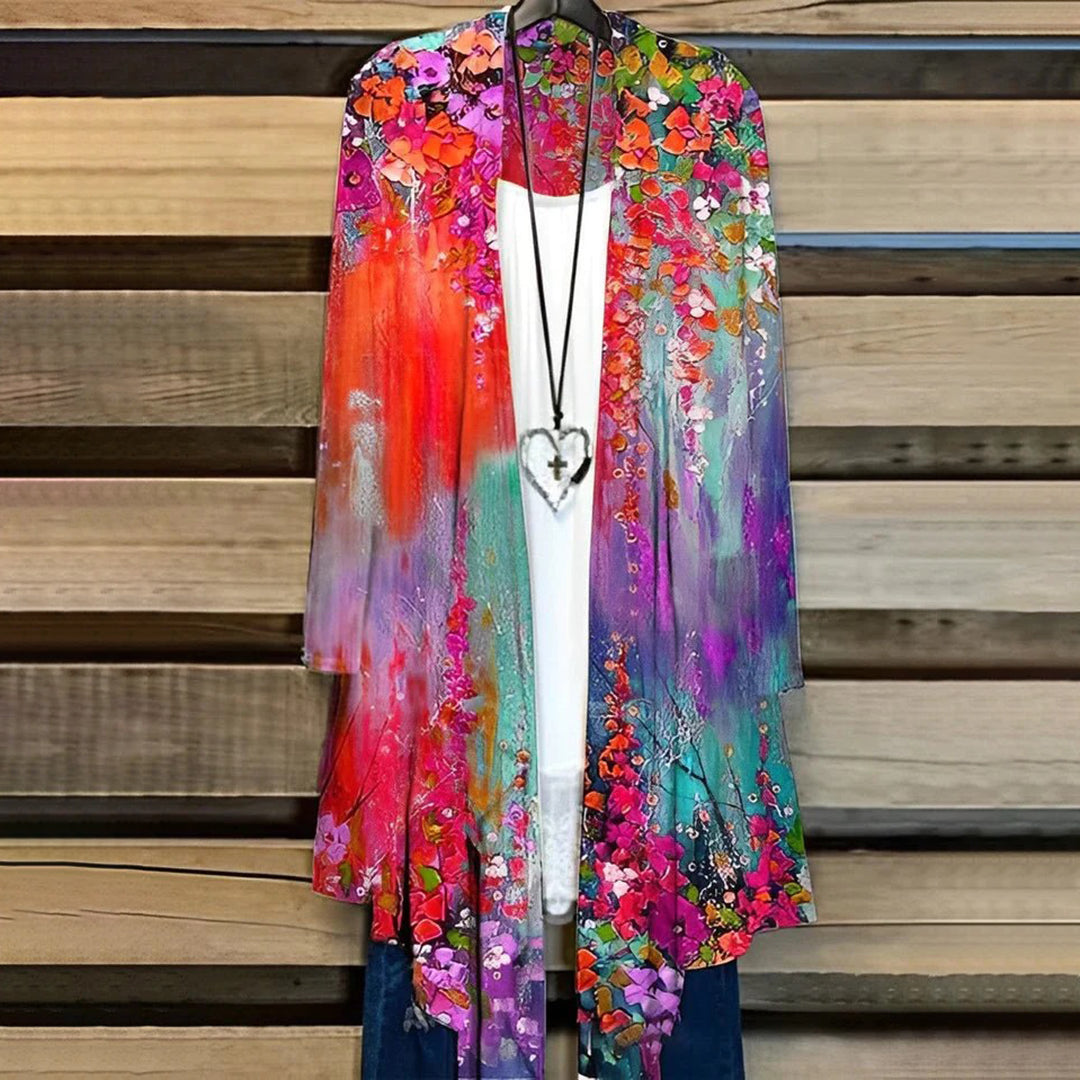 Kimono Cardigan Femme Chiffon Léger Respirant Manches Longues Élégant Ouvert Devant Avec Motifs Floraux
