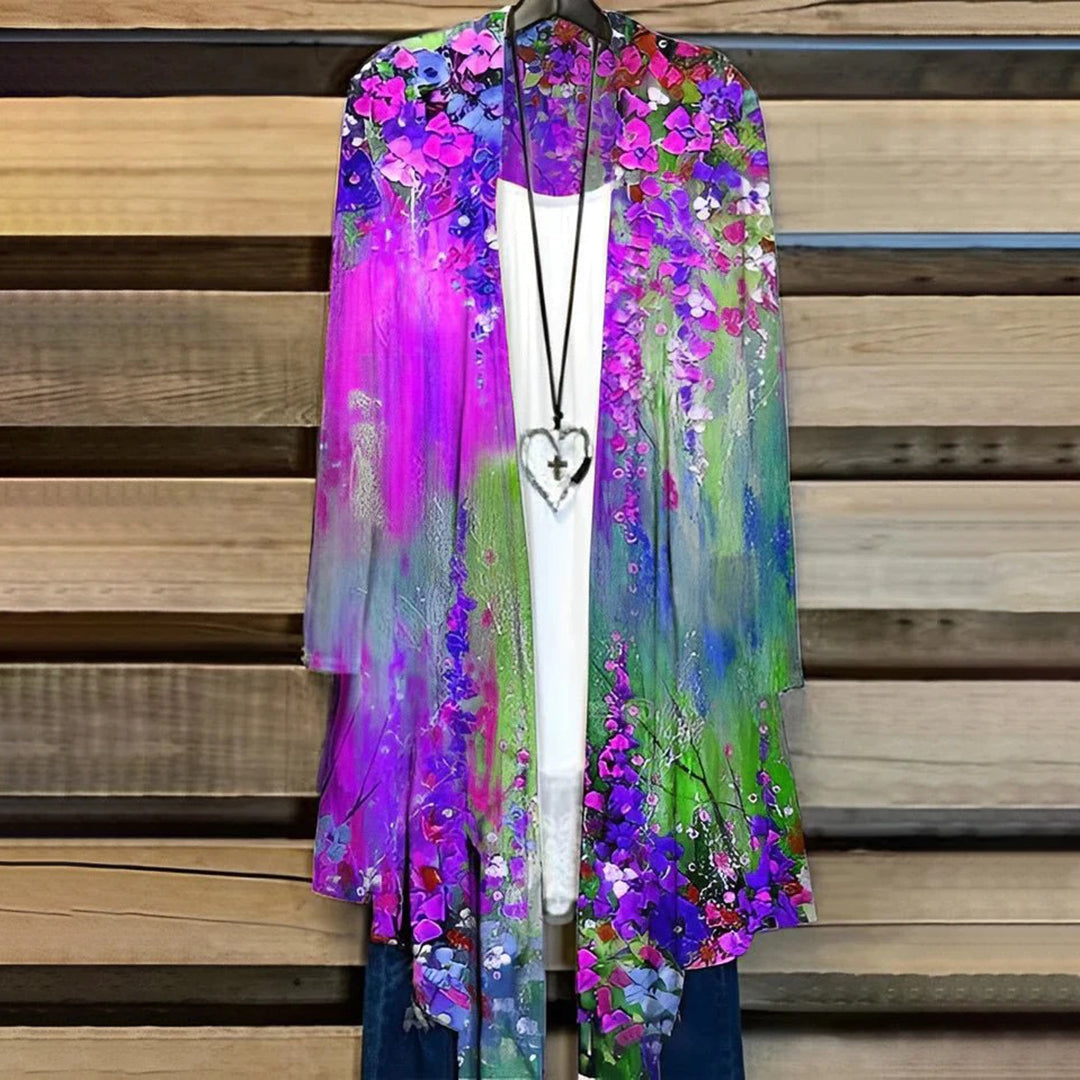 Kimono Cardigan Femme Chiffon Léger Respirant Manches Longues Élégant Ouvert Devant Avec Motifs Floraux