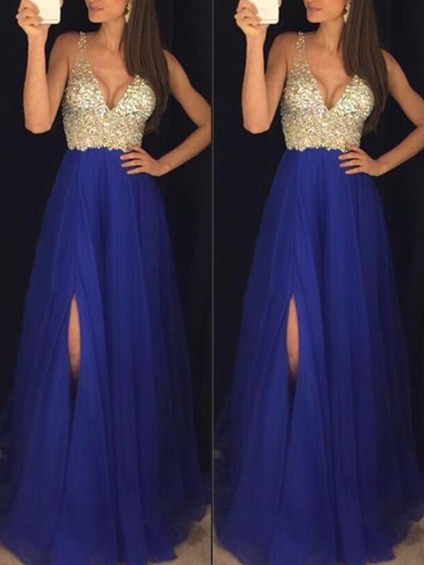 Augusta:  langes Kleid mit fließendem V-Ausschnitt und seitlichem Paillettenschlitz