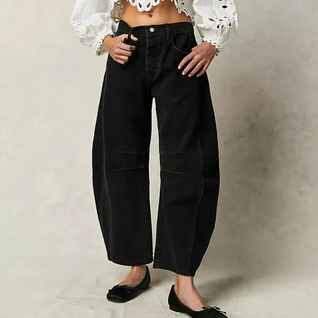 Jean Femme Taille Mi Haute À Jambes Larges Confort Avec Détails De Coutures En Panneaux Aura