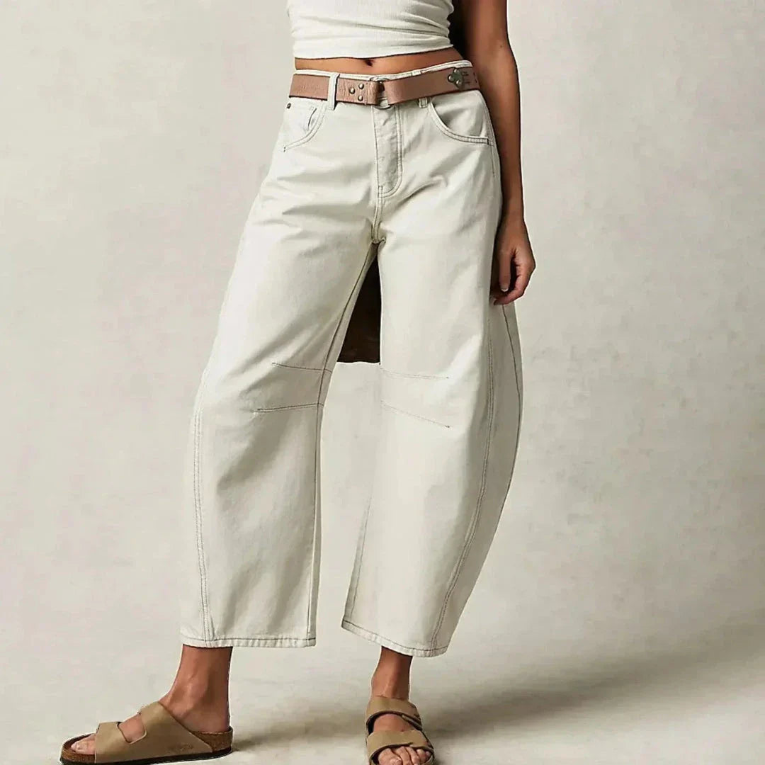 Jean Femme Taille Mi Haute À Jambes Larges Confort Avec Détails De Coutures En Panneaux Aura