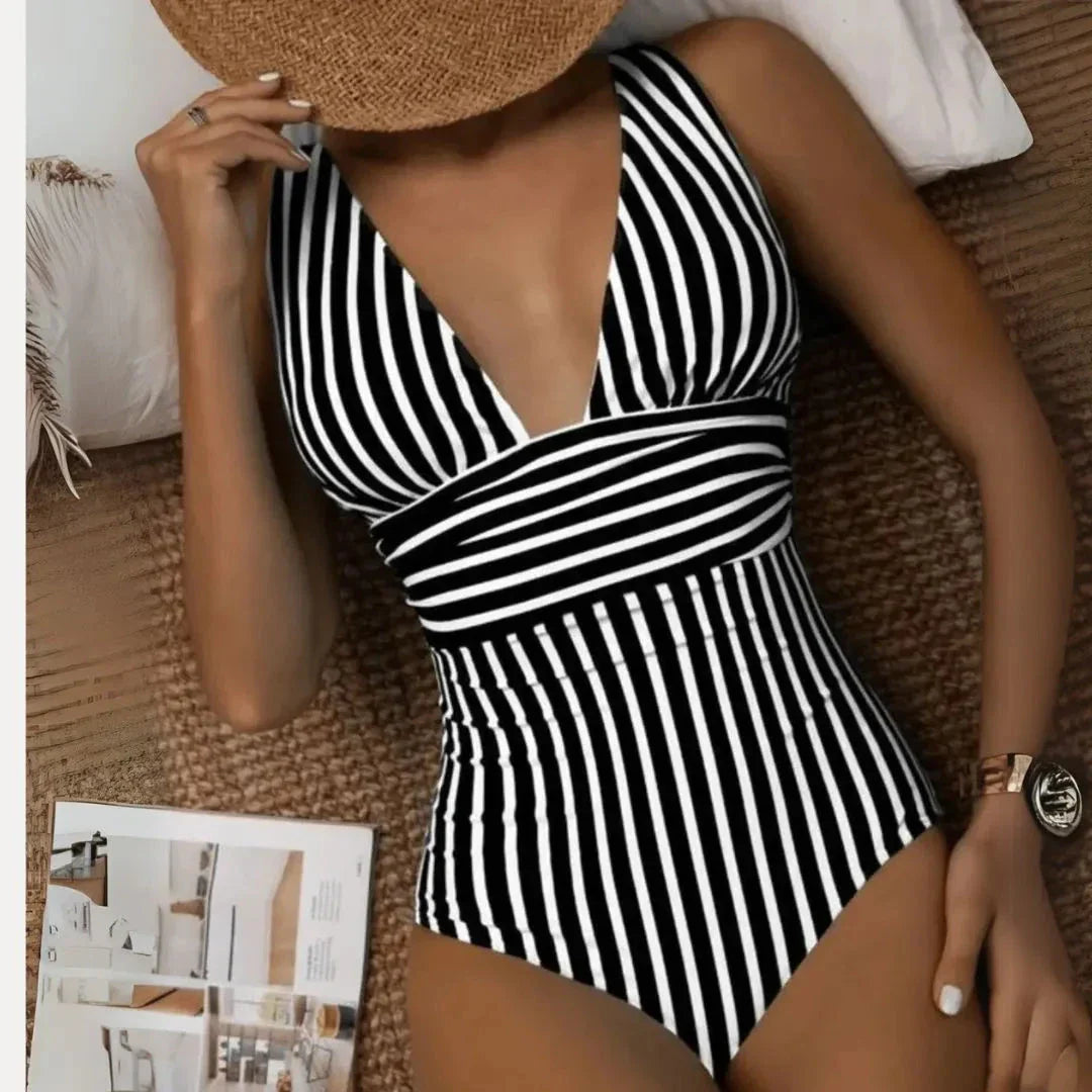 Maillot de Bain Une Pièce Rayé en V Profond avec Col Halter Confort et Élégance Aurora