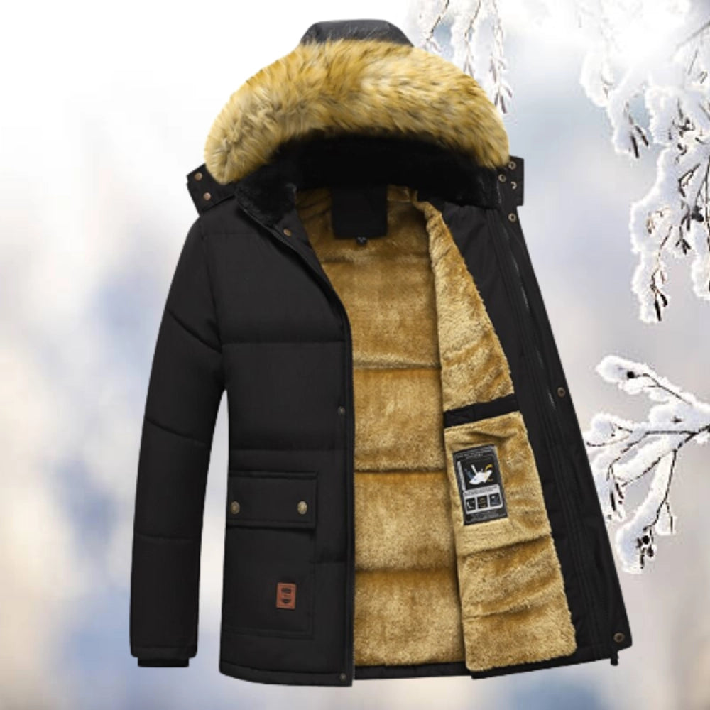 Parka Homme Avec Capuche Fourrure Synthétique, Coupe Décontractée, Tissu Imperméable et Doublure Polaire Chaude