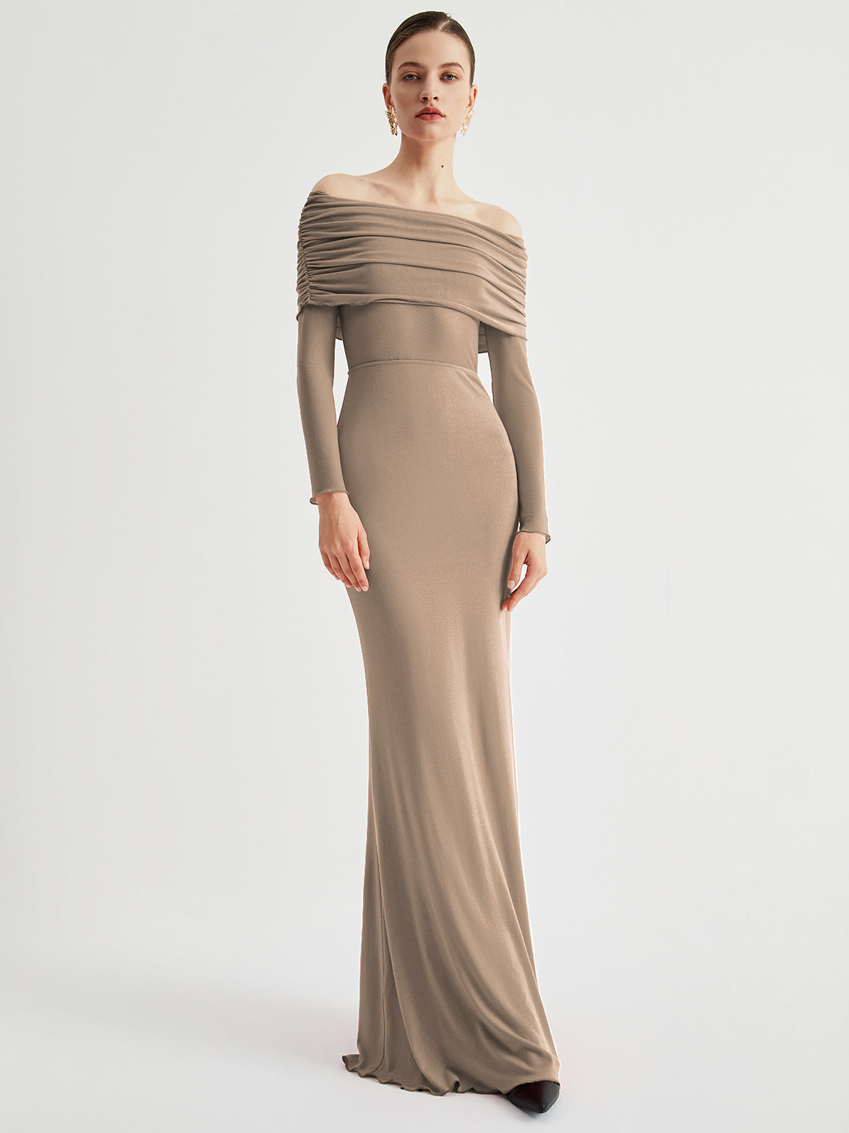 Fudus Damen Langarm-Maxikleid mit Off-Shoulder-Ausschnitt und Mesh-Einsatz