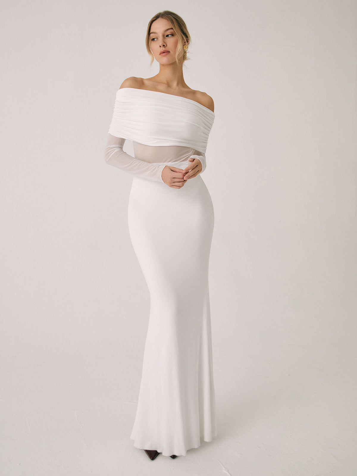 Fudus Damen Langarm-Maxikleid mit Off-Shoulder-Ausschnitt und Mesh-Einsatz