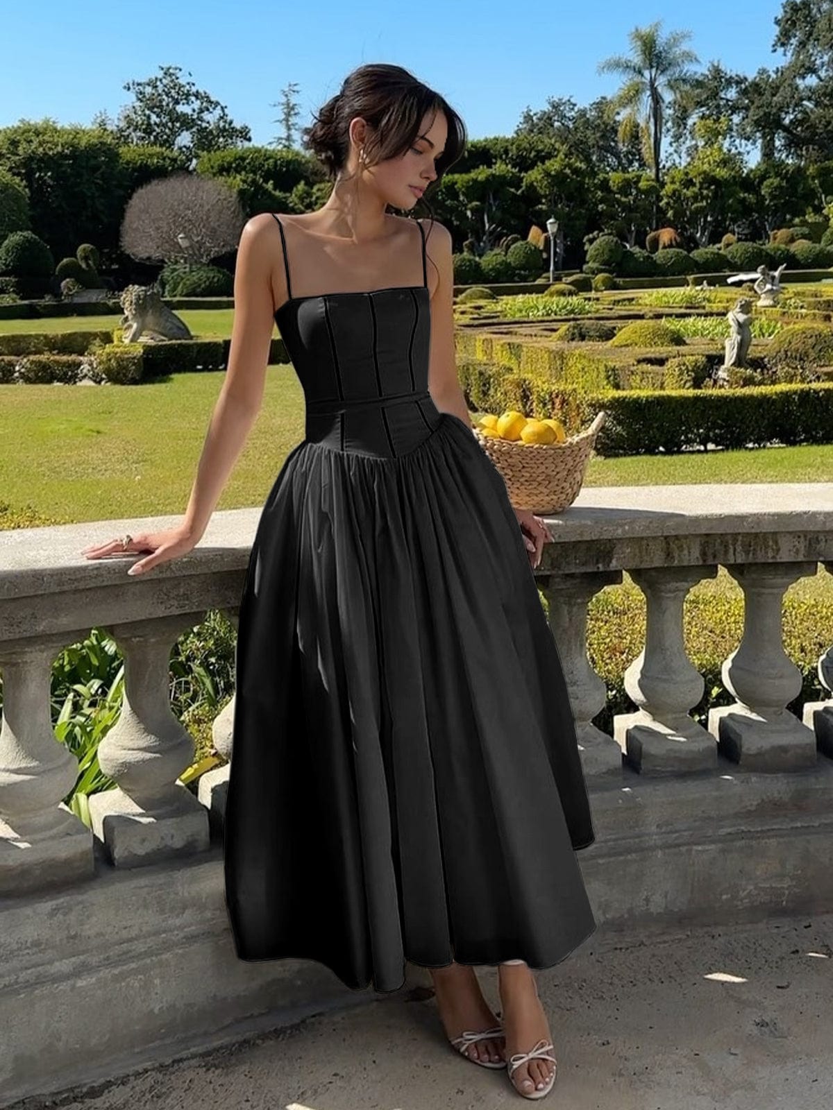 Robe Longue Pour Femme A Ligne Satin Léger Bretelles Spaghetti Corsage Ajusté Pour Soirée Élégante