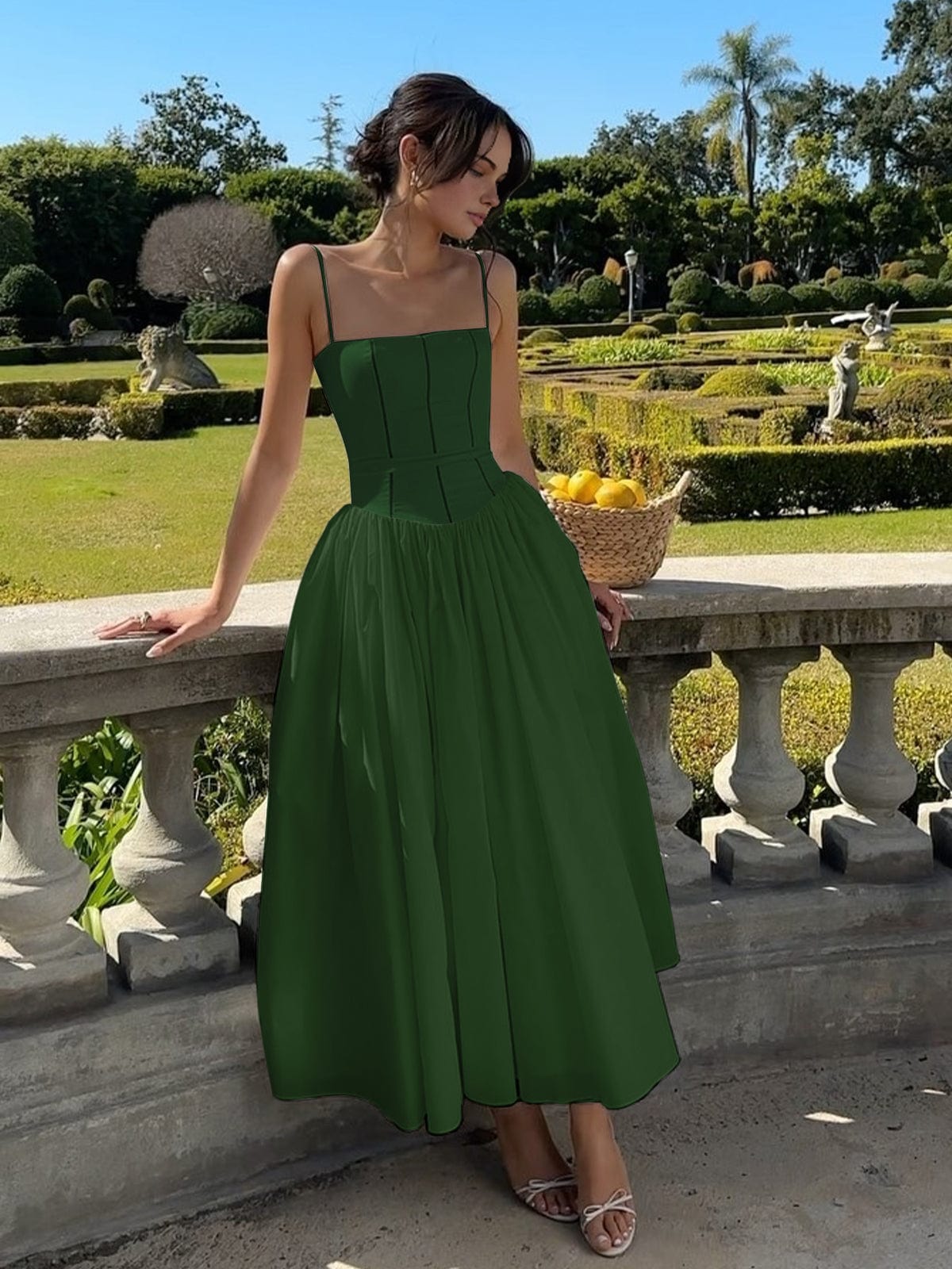 Robe Longue Pour Femme A Ligne Satin Léger Bretelles Spaghetti Corsage Ajusté Pour Soirée Élégante