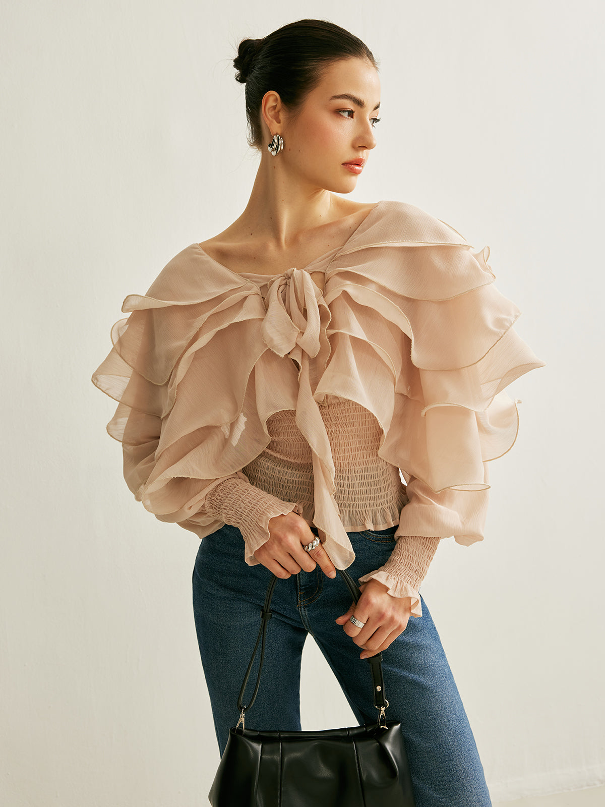 Chiffon Top mit Rüsche, halbtransparenter Rücken