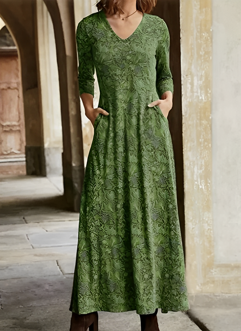 Damen Vintage Maxikleid mit V-Ausschnitt und Muster