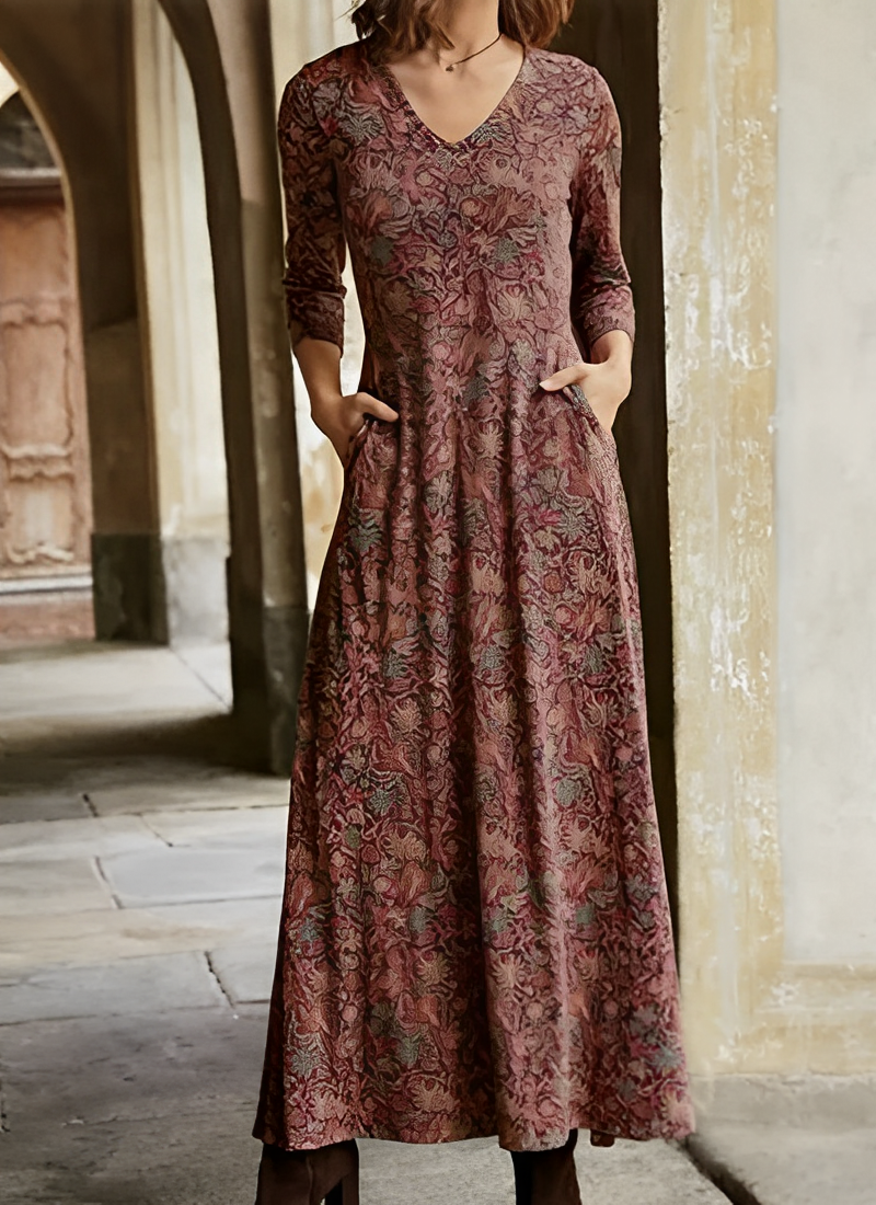 Damen Vintage Maxikleid mit V-Ausschnitt und Muster