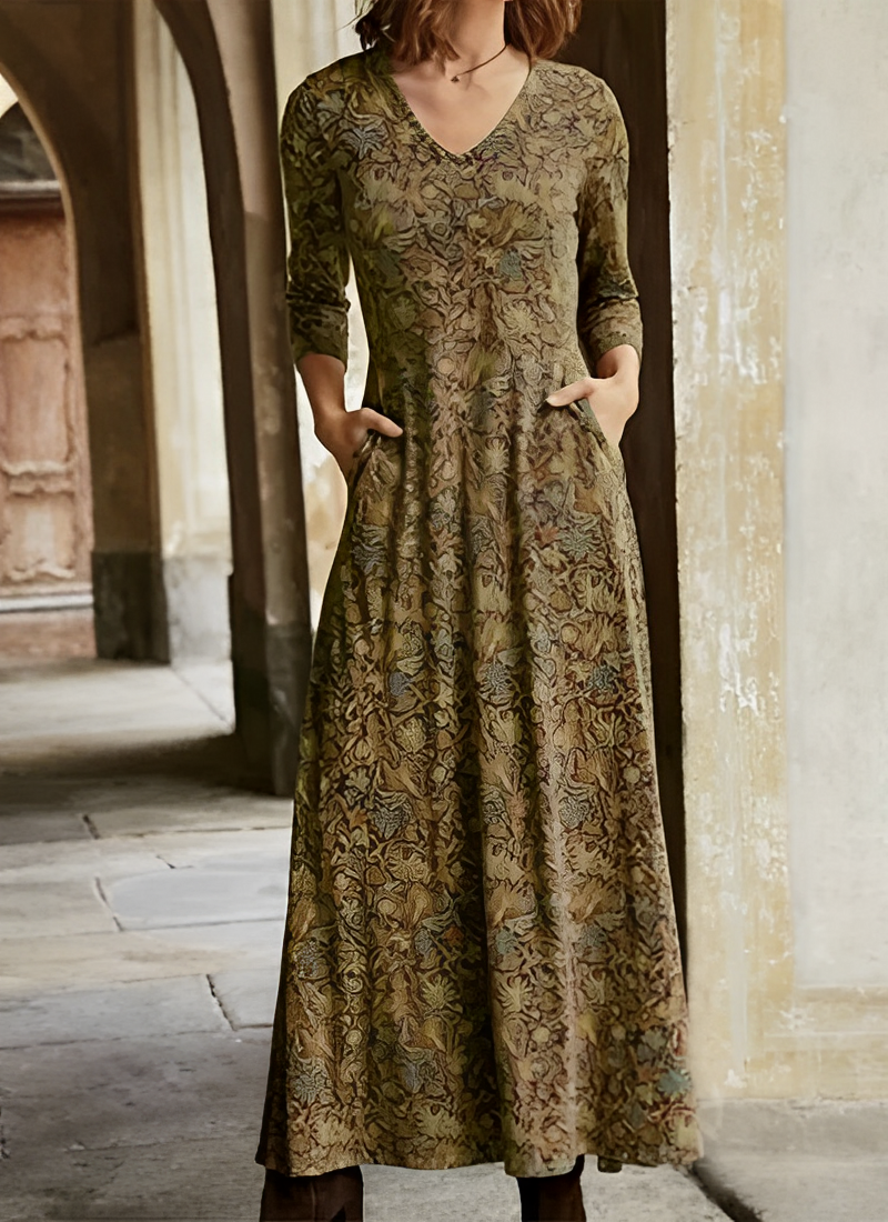 Damen Vintage Maxikleid mit V-Ausschnitt und Muster