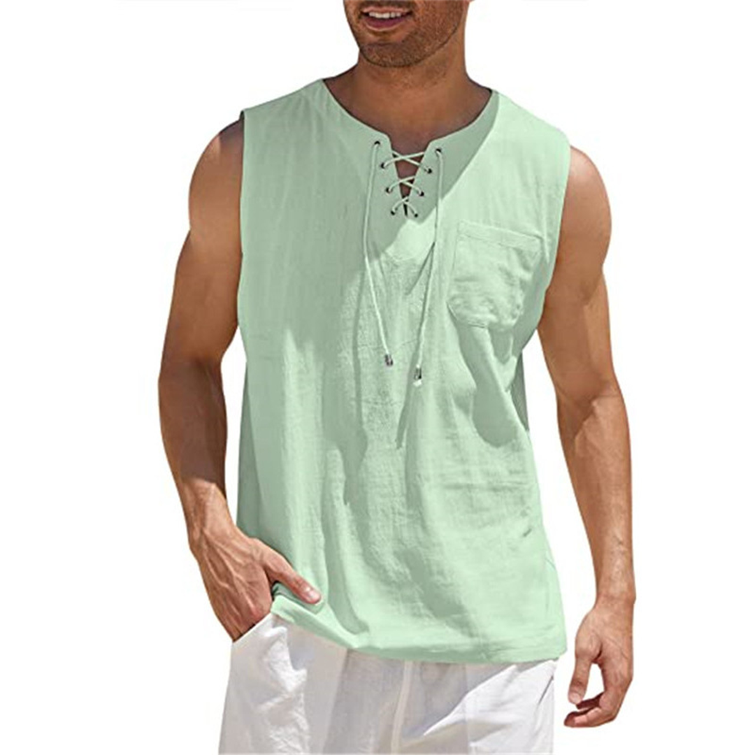 Chemise Sans Manches Homme En Coton Mélangé Avec Laçage Devant Et Poche Poitrine Décontractée Pour Été