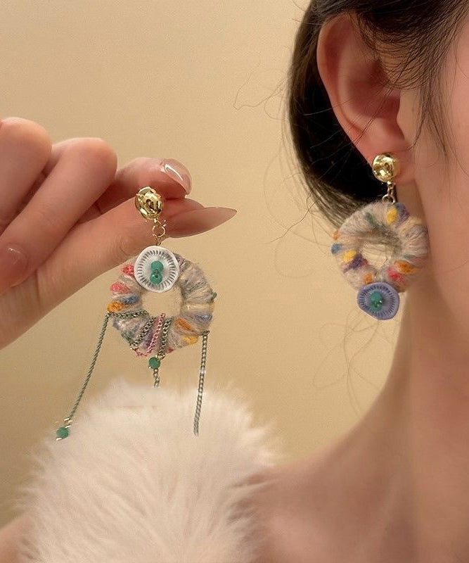 Magnifiques boucles d'oreilles pendantes asymétriques en alliage et laine tricotée - Amawinc