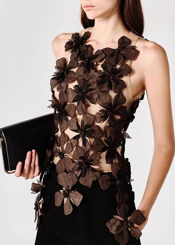 Magnifique haut en tulle noir à fleurs sans manches - Amawinc