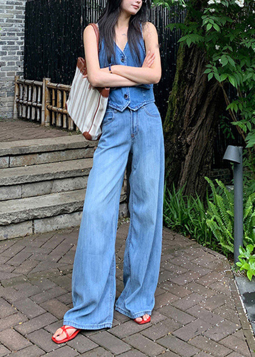 Magnifique pantalon en jean taille haute à poches bleues pour l'automne - Amawinc