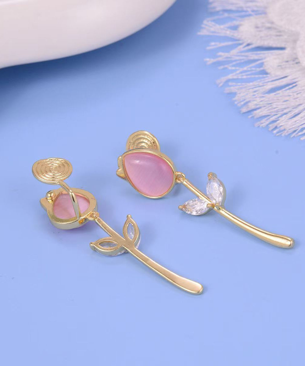 Magnifiques boucles d'oreilles pendantes tulipes en pierre œil de chat surdorée en cuivre - Amawinc