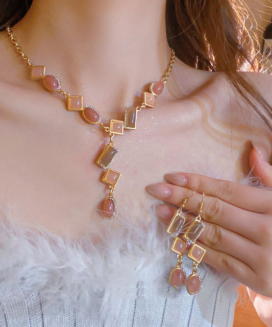Magnifique ensemble deux pièces composé d'un collier avec pendentif à pampilles et de boucles d'oreilles pendantes en alliage de cuivre doré et zircon - Amawinc