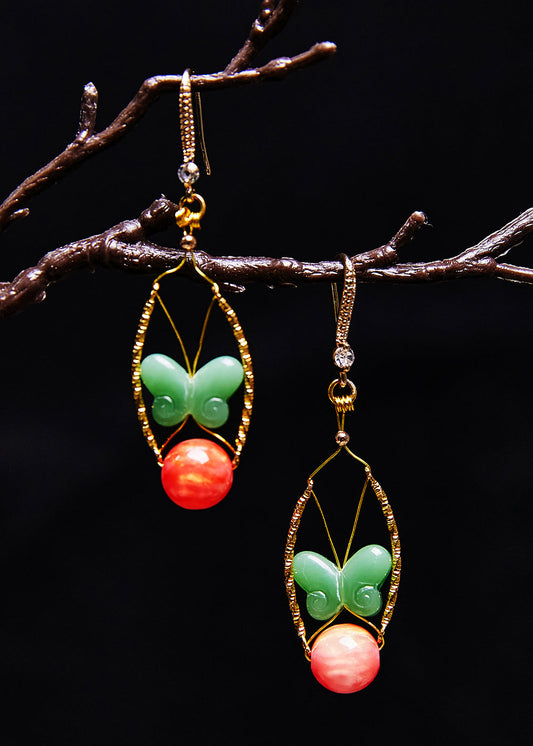 Magnifiques boucles d'oreilles pendantes en Jade papillon vert, Design Original - Amawinc