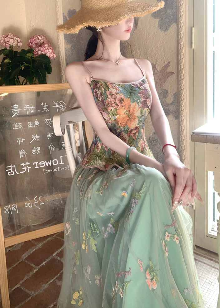 Magnifique ensemble deux pièces gilet et jupe en tulle imprimé vert pour l'été - Amawinc