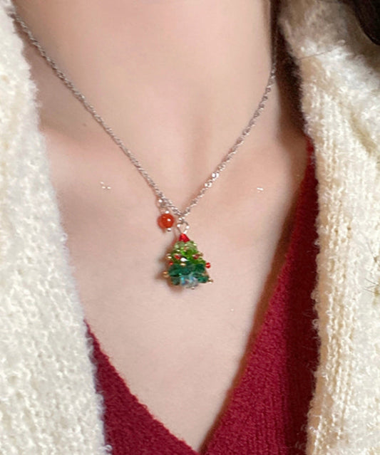 Magnifique collier avec pendentif en forme de sapin de Noël en acier inoxydable vert et cristal - Amawinc