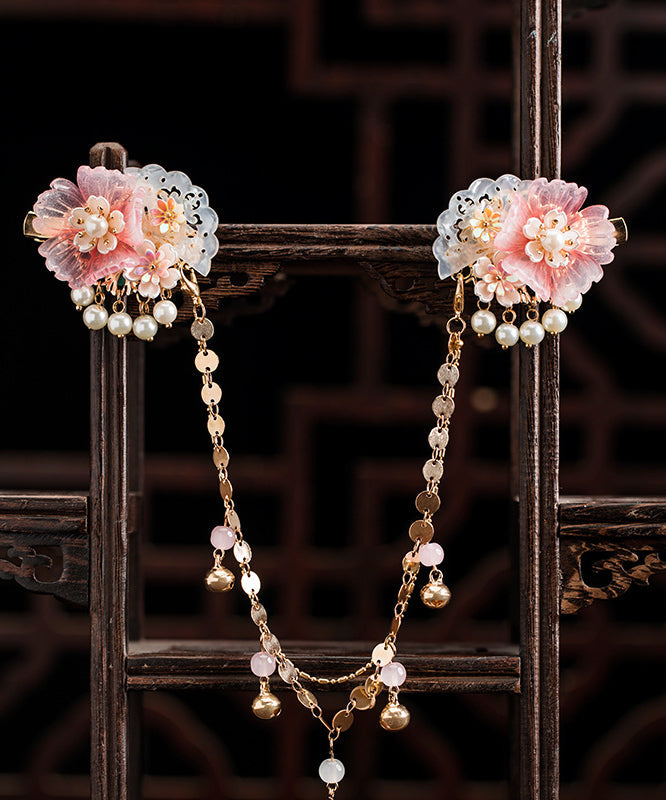 Belle épingle à cheveux en alliage de cuivre rose avec chaîne en résine et perles pivoine pour filles - Amawinc