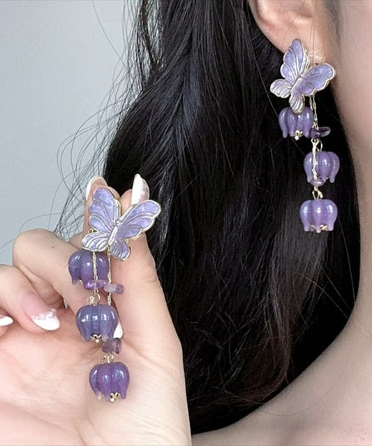 Magnifiques boucles d'oreilles pendantes en alliage violet avec pompon et papillon - Amawinc