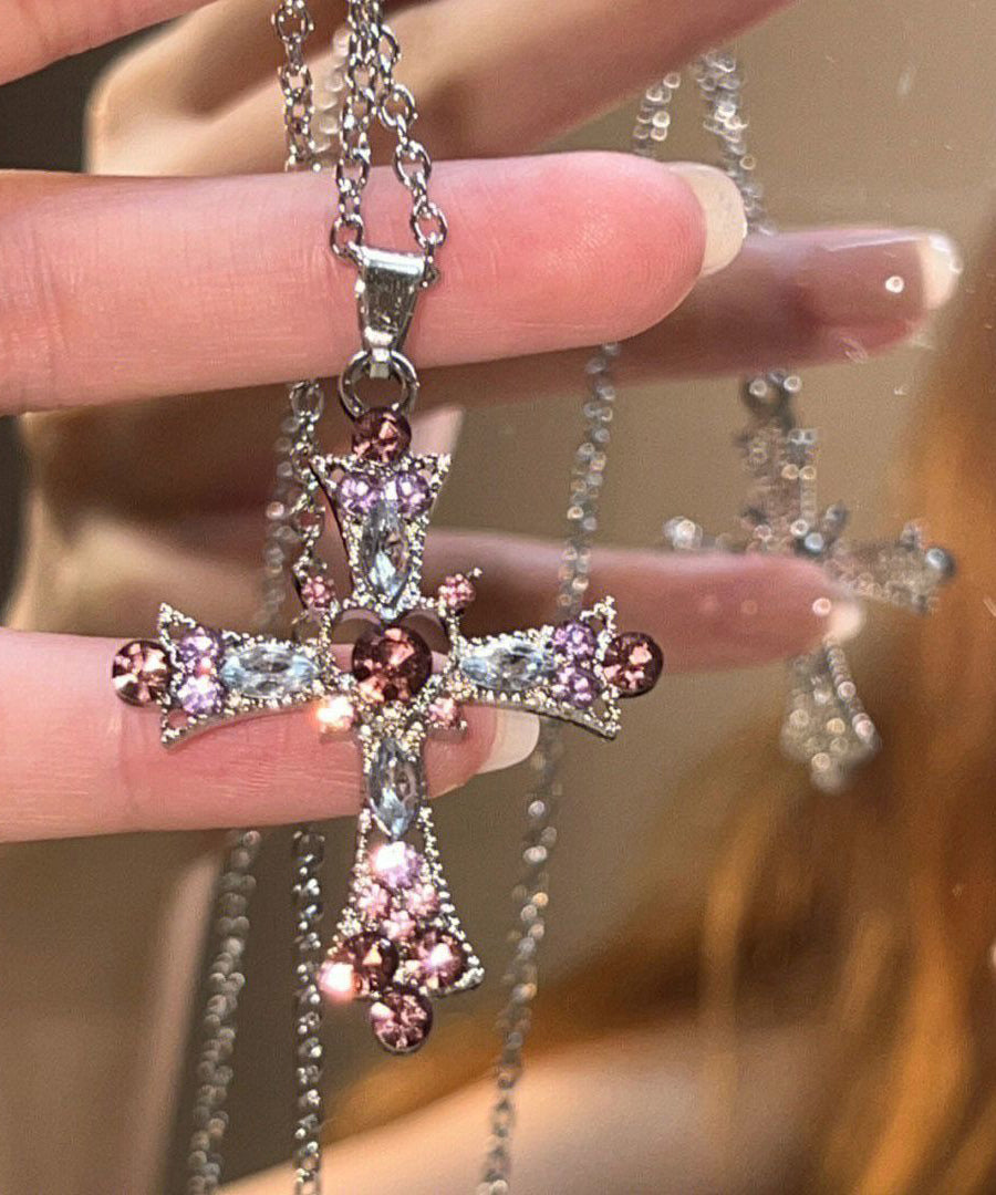 Magnifique collier lariat en alliage de zircon violet avec croix - Amawinc
