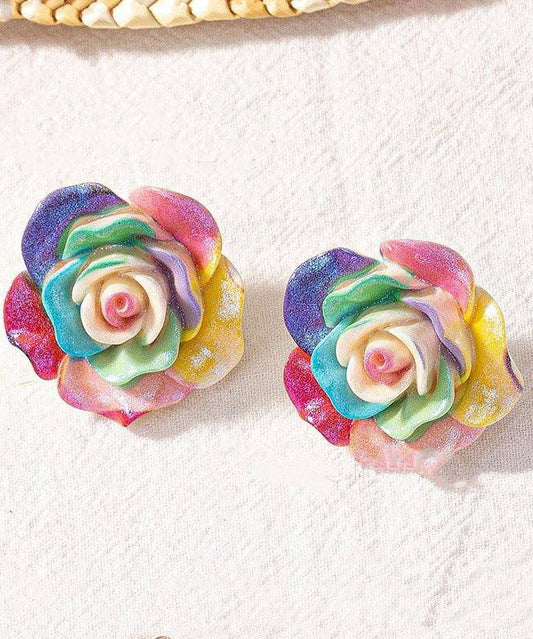Magnifiques boucles d'oreilles à tige en résine et alliage arc-en-ciel en forme de rose - Amawinc