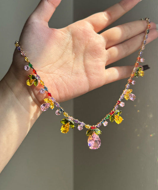 Magnifique collier avec pendentif en forme de goutte d'eau florale en alliage de zircon arc-en-ciel - Amawinc