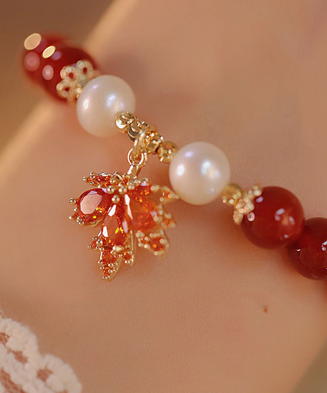 Magnifique bracelet à breloques en argent sterling rouge avec agate dorée et feuille d'érable - Amawinc