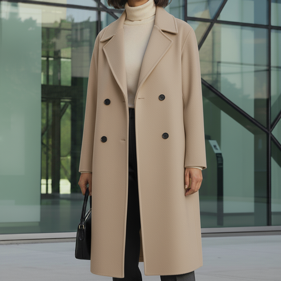 Maria Manteau Trench Élégant Double Boutonnage Grands Revers Longueur Genou Automne Hiver