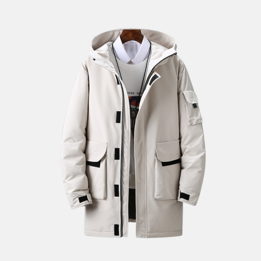 Manteau Hiver À Capuche Pour Hommes En Tissu Tissé Longueur Mi-Cuisse Réglables Poignets