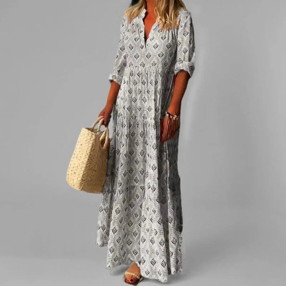 Robe Maxi Imprimé Vintage Col Debout Belle Waylynn Décontractée Confortable Pour Voyage Et Vie Quotidienne