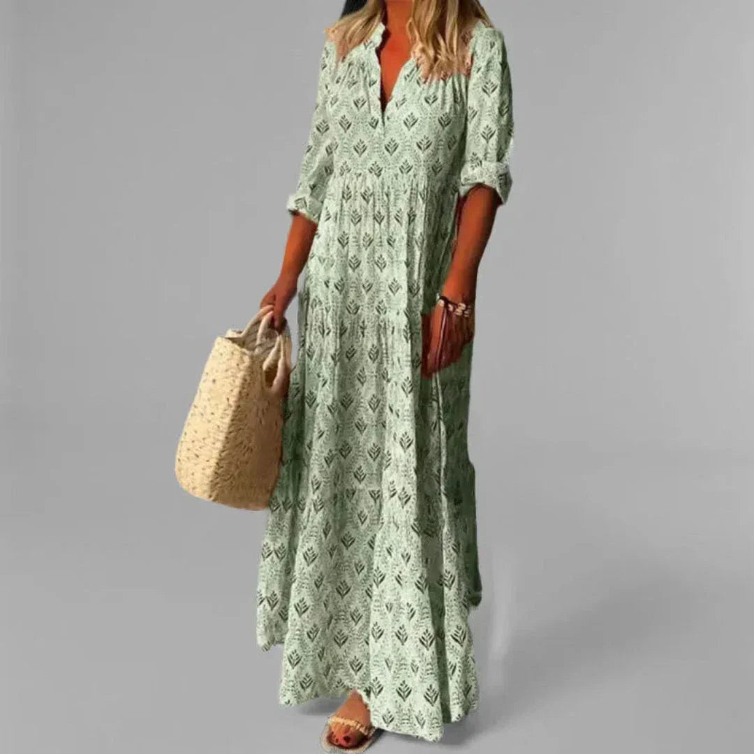 Robe Maxi Imprimé Vintage Col Debout Belle Waylynn Décontractée Confortable Pour Voyage Et Vie Quotidienne