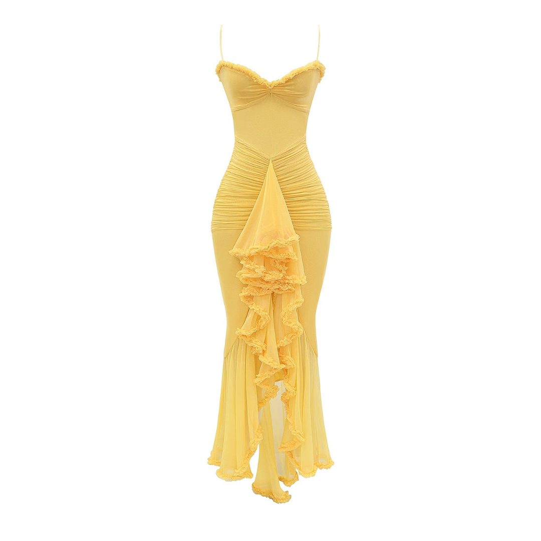 Gelbes, gerafftes Damen-Midikleid für den Sommer (Beth)