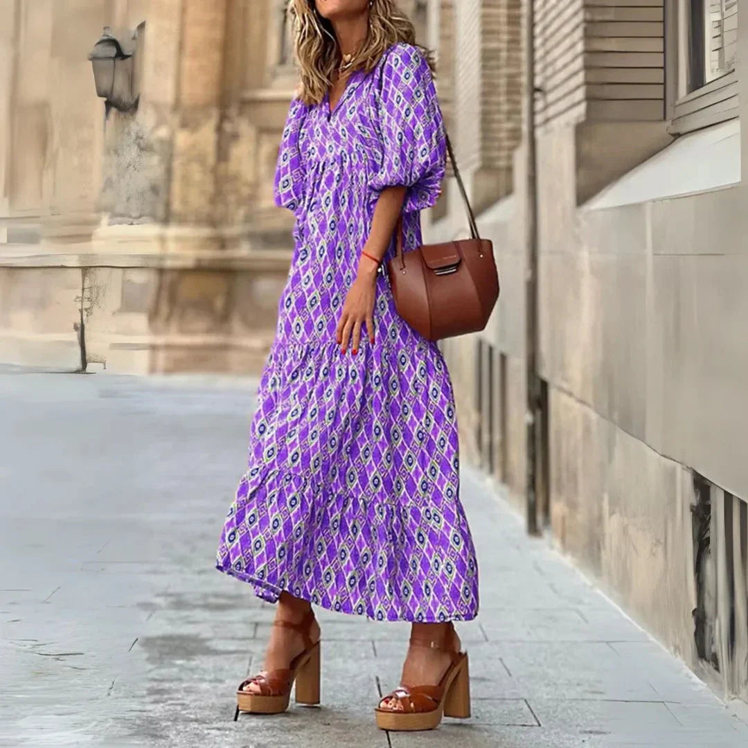 Robe Maxi Bohème Amawinc Imprimé Diamant Encolure en V Coupe Échelonnée Pour L'Été