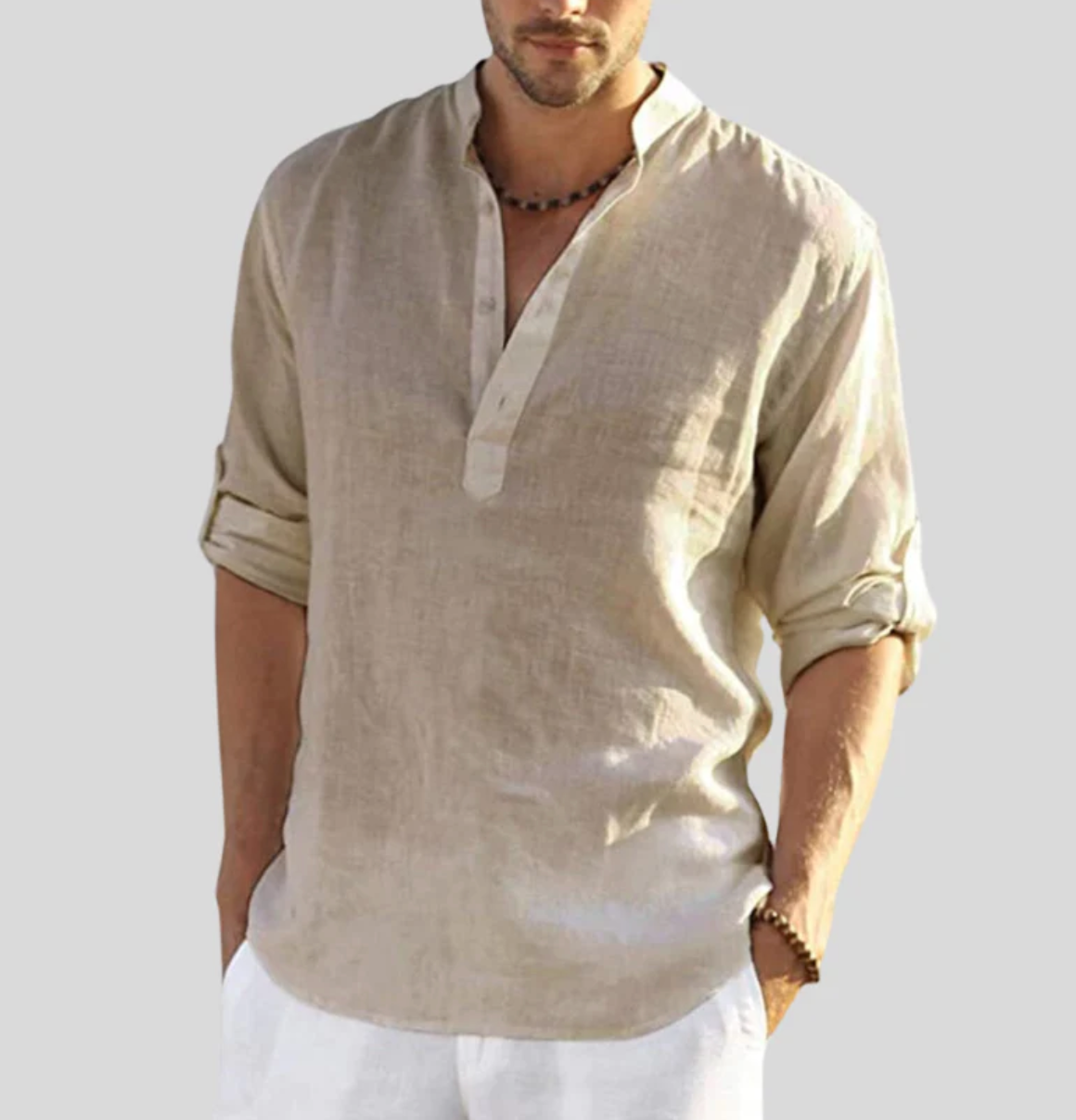 Chemise Pour Homme En Lin Col Mandarin Décontractée Manches Longues Fibres Naturelles Respirante