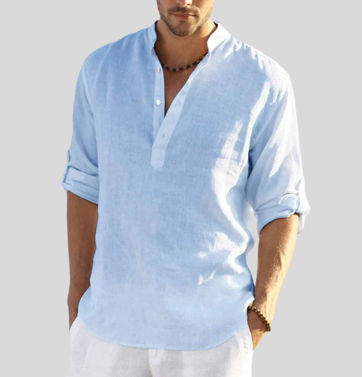 Chemise Pour Homme En Lin Col Mandarin Décontractée Manches Longues Fibres Naturelles Respirante