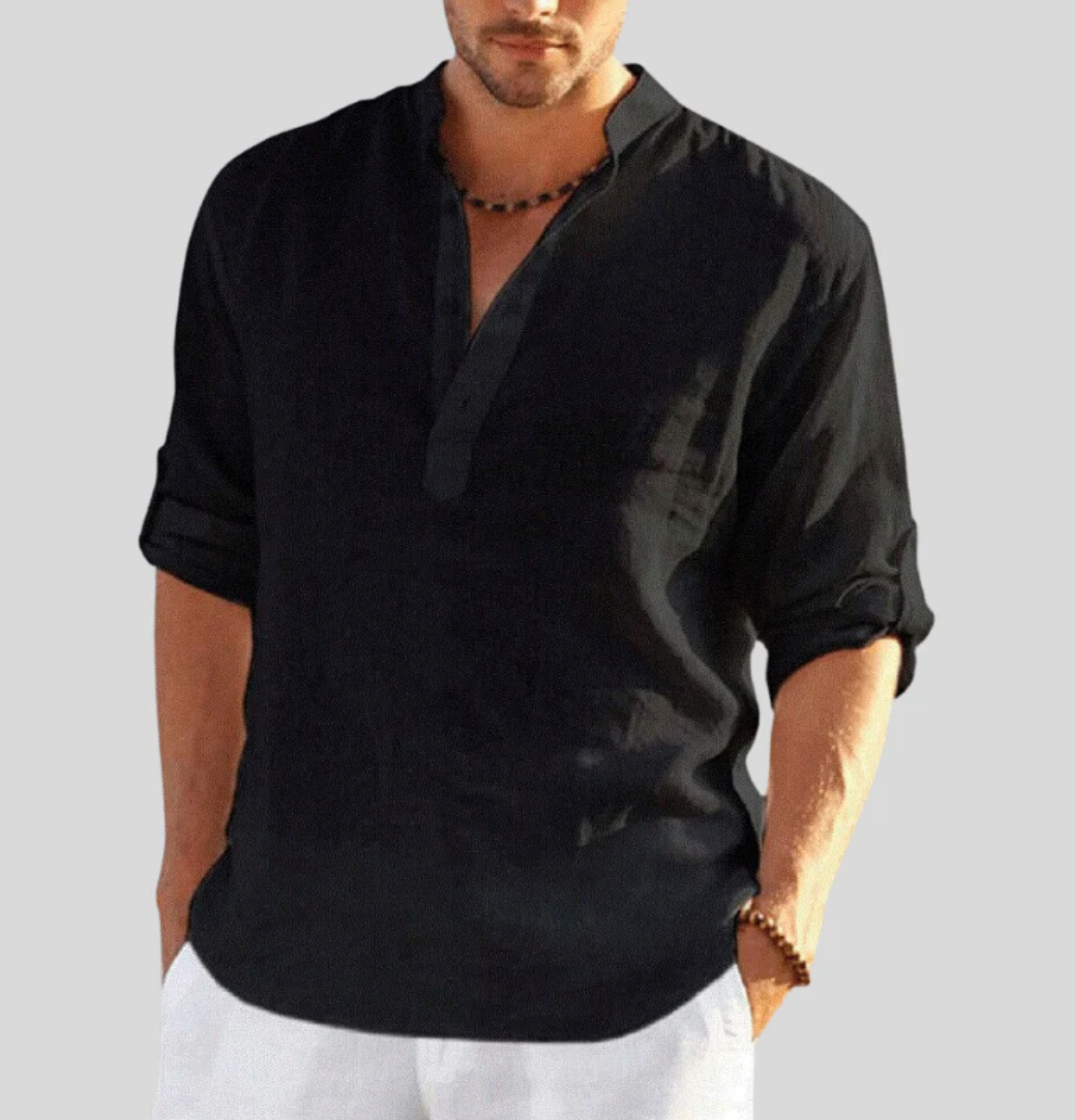 Chemise Pour Homme En Lin Col Mandarin Décontractée Manches Longues Fibres Naturelles Respirante