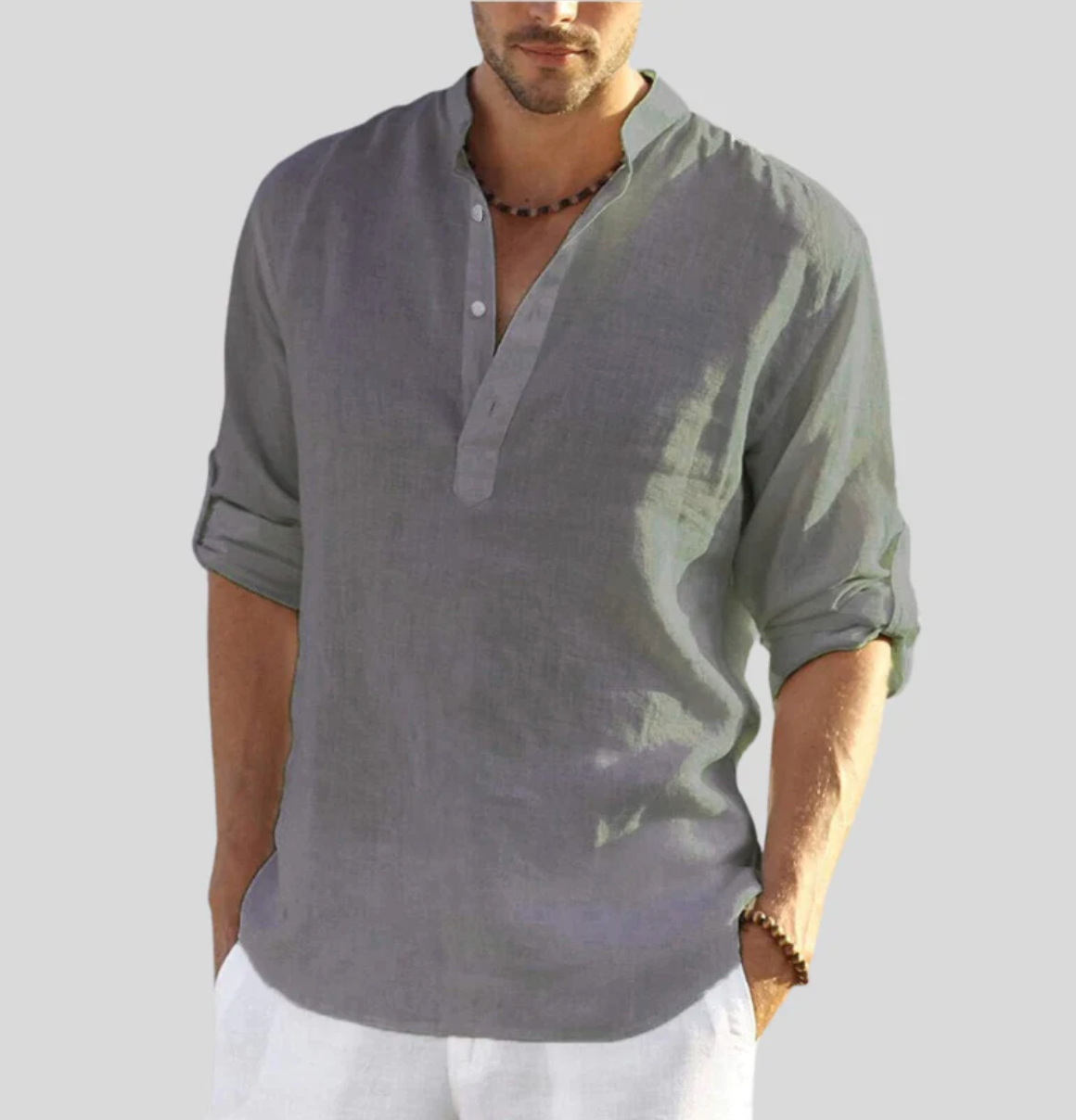 Chemise Pour Homme En Lin Col Mandarin Décontractée Manches Longues Fibres Naturelles Respirante