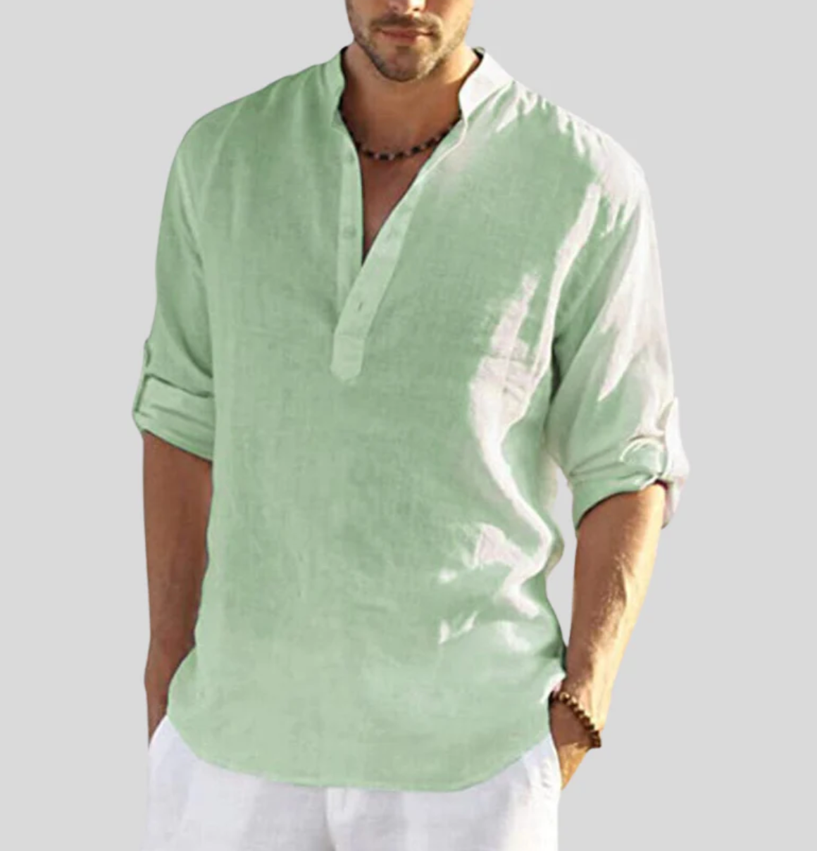 Chemise Pour Homme En Lin Col Mandarin Décontractée Manches Longues Fibres Naturelles Respirante