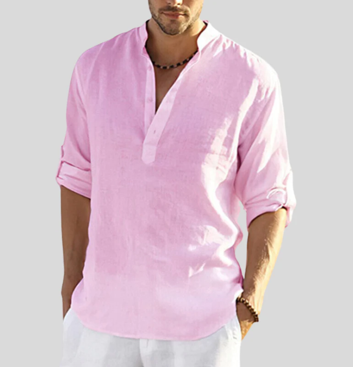Chemise Pour Homme En Lin Col Mandarin Décontractée Manches Longues Fibres Naturelles Respirante
