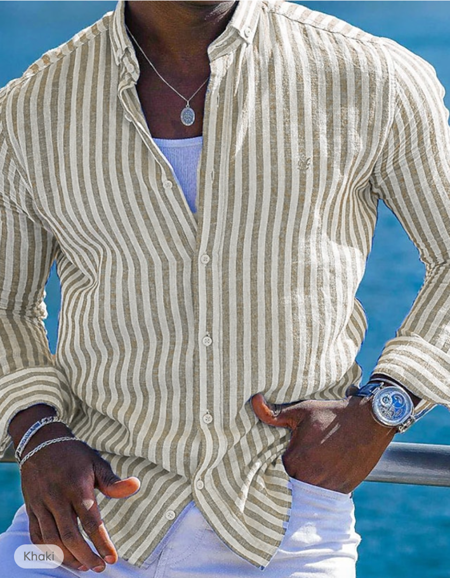 Chemise Homme Slim Fit À Rayures En Lin Et Coton Respirante À Manches Longues Pour L'Été Essentielle