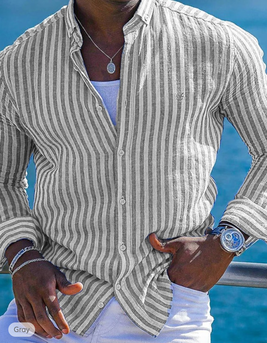 Chemise Homme Slim Fit À Rayures En Lin Et Coton Respirante À Manches Longues Pour L'Été Essentielle